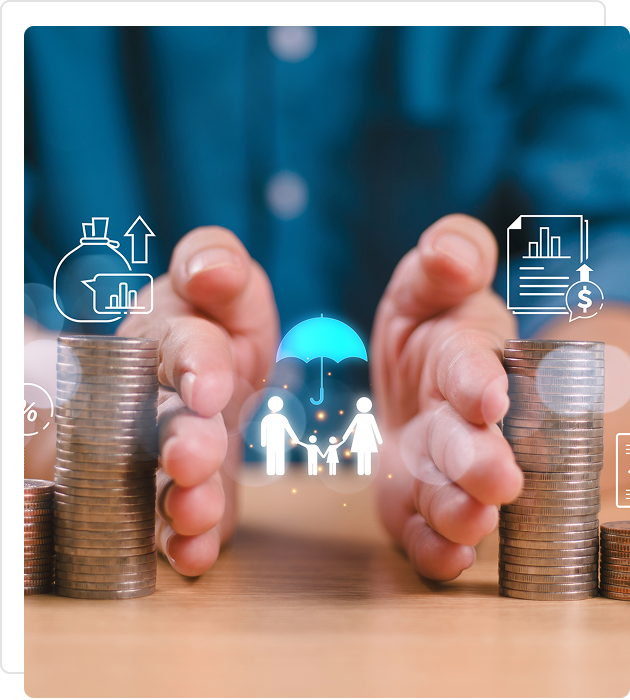 Hands protecting a small family figurine between stacks of coins symbolizing financial security.