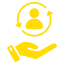 Yellow icon of a hand holding a user profile symbol.